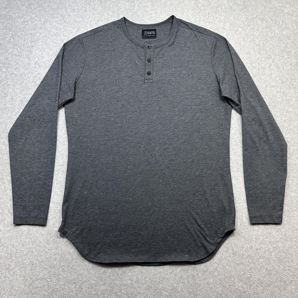 Cuts Henley Shirt Mens Large Gray Elongated Long Sleeve Tee Casual Stretch